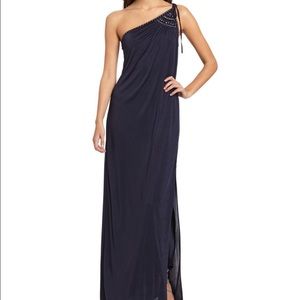 BCBG floor length asymmetrical blue evening gown